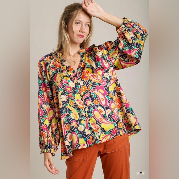 Umgee Full Size Satin Paisley Ruffle Neck Button-Up Shirt Plus Size
